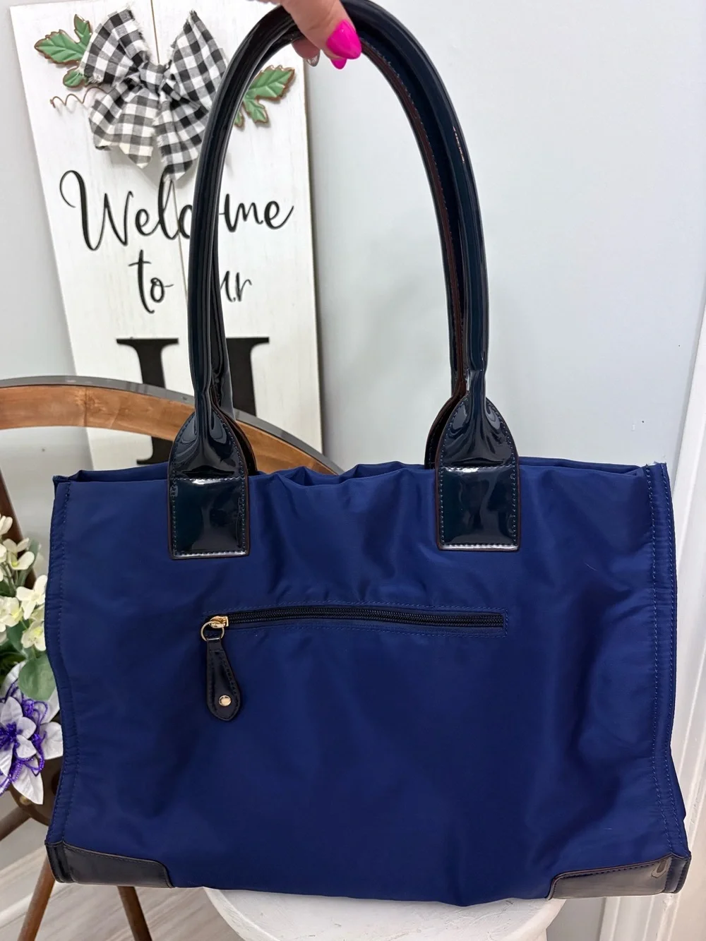 Tory Burch Ella Dark Navy Nylon Tote with Patent Trim and Logo Medallion